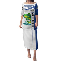 Mahi Mahi Fish Family Matching Puletasi and Hawaiian Shirt Nautical Anchors and Wave Splash on White and Blue Split Background - Wonder Print Shop