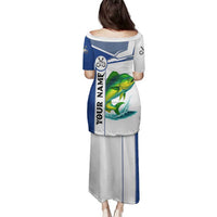 Mahi Mahi Fish Family Matching Puletasi and Hawaiian Shirt Nautical Anchors and Wave Splash on White and Blue Split Background - Wonder Print Shop