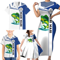 Mahi Mahi Fish Family Matching Short Sleeve Bodycon Dress and Hawaiian Shirt Nautical Anchors and Wave Splash on White and Blue Split Background - Wonder Print Shop
