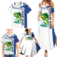 Mahi Mahi Fish Family Matching Summer Maxi Dress and Hawaiian Shirt Nautical Anchors and Wave Splash on White and Blue Split Background - Wonder Print Shop