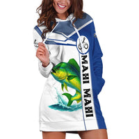 Mahi Mahi Fish Hoodie Dress Nautical Anchors and Wave Splash on White and Blue Split Background - Wonder Print Shop