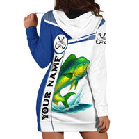 Mahi Mahi Fish Hoodie Dress Nautical Anchors and Wave Splash on White and Blue Split Background - Wonder Print Shop