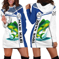 Mahi Mahi Fish Hoodie Dress Nautical Anchors and Wave Splash on White and Blue Split Background - Wonder Print Shop