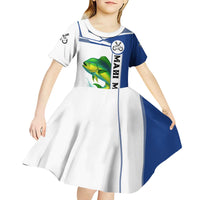 Mahi Mahi Fish Kid Short Sleeve Dress Nautical Anchors and Wave Splash on White and Blue Split Background - Wonder Print Shop