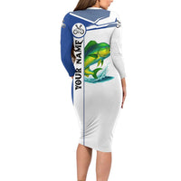 Mahi Mahi Fish Long Sleeve Bodycon Dress Nautical Anchors and Wave Splash on White and Blue Split Background - Wonder Print Shop