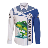 Mahi Mahi Fish Long Sleeve Button Shirt Nautical Anchors and Wave Splash on White and Blue Split Background - Wonder Print Shop