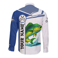 Mahi Mahi Fish Long Sleeve Button Shirt Nautical Anchors and Wave Splash on White and Blue Split Background - Wonder Print Shop