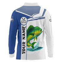Mahi Mahi Fish Long Sleeve Polo Shirt Nautical Anchors and Wave Splash on White and Blue Split Background - Wonder Print Shop