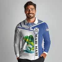 Mahi Mahi Fish Long Sleeve Polo Shirt Nautical Anchors and Wave Splash on White and Blue Split Background - Wonder Print Shop