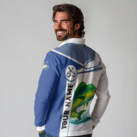 Mahi Mahi Fish Long Sleeve Polo Shirt Nautical Anchors and Wave Splash on White and Blue Split Background - Wonder Print Shop