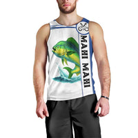 Mahi Mahi Fish Men Tank Top Nautical Anchors and Wave Splash on White and Blue Split Background - Wonder Print Shop