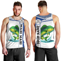 Mahi Mahi Fish Men Tank Top Nautical Anchors and Wave Splash on White and Blue Split Background - Wonder Print Shop