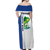 Mahi Mahi Fish Off Shoulder Maxi Dress Nautical Anchors and Wave Splash on White and Blue Split Background - Wonder Print Shop