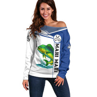 Mahi Mahi Fish Off Shoulder Sweater Nautical Anchors and Wave Splash on White and Blue Split Background - Wonder Print Shop