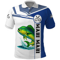 Mahi Mahi Fish Polo Shirt Nautical Anchors and Wave Splash on White and Blue Split Background - Wonder Print Shop