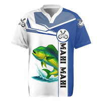 Mahi Mahi Fish Rugby Jersey Nautical Anchors and Wave Splash on White and Blue Split Background - Wonder Print Shop