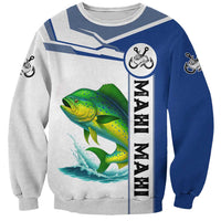 Mahi Mahi Fish Sweatshirt Nautical Anchors and Wave Splash on White and Blue Split Background - Wonder Print Shop
