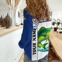 Mahi Mahi Fish Women Casual Shirt Nautical Anchors and Wave Splash on White and Blue Split Background - Wonder Print Shop