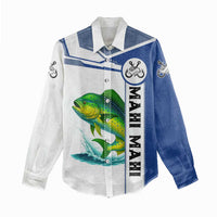 Mahi Mahi Fish Women Casual Shirt Nautical Anchors and Wave Splash on White and Blue Split Background - Wonder Print Shop