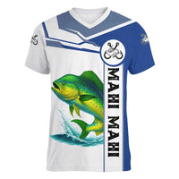 Mahi Mahi Fish Women V-Neck T-Shirt Nautical Anchors and Wave Splash on White and Blue Split Background - Wonder Print Shop