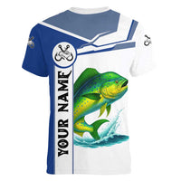 Mahi Mahi Fish Women V-Neck T-Shirt Nautical Anchors and Wave Splash on White and Blue Split Background - Wonder Print Shop