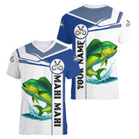 Mahi Mahi Fish Women V-Neck T-Shirt Nautical Anchors and Wave Splash on White and Blue Split Background - Wonder Print Shop