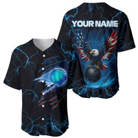 Lightning Bowling Baseball Jersey Electric Blue Ball and American Eagle Graphic on Stormy Black Background - Wonder Print Shop