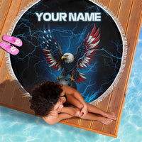 Lightning Bowling Beach Blanket Electric Blue Ball and American Eagle Graphic on Stormy Black Background - Wonder Print Shop