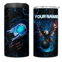 Lightning Bowling 4 in 1 Can Cooler Tumbler Electric Blue Ball and American Eagle Graphic on Stormy Black Background - Wonder Print Shop