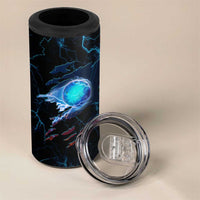 Lightning Bowling 4 in 1 Can Cooler Tumbler Electric Blue Ball and American Eagle Graphic on Stormy Black Background - Wonder Print Shop