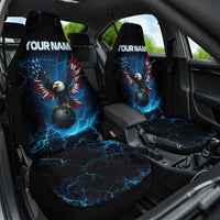 Lightning Bowling Car Seat Cover Electric Blue Ball and American Eagle Graphic on Stormy Black Background - Wonder Print Shop