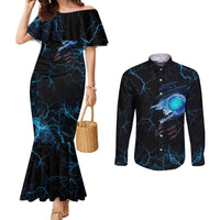 Lightning Bowling Couples Matching Mermaid Dress and Long Sleeve Button Shirt Electric Blue Ball and American Eagle Graphic on Stormy Black Background - Wonder Print Shop