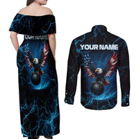 Lightning Bowling Couples Matching Off Shoulder Maxi Dress and Long Sleeve Button Shirt Electric Blue Ball and American Eagle Graphic on Stormy Black Background - Wonder Print Shop