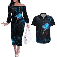 Lightning Bowling Couples Matching Off The Shoulder Long Sleeve Dress and Hawaiian Shirt Electric Blue Ball and American Eagle Graphic on Stormy Black Background - Wonder Print Shop