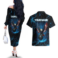 Lightning Bowling Couples Matching Off The Shoulder Long Sleeve Dress and Hawaiian Shirt Electric Blue Ball and American Eagle Graphic on Stormy Black Background - Wonder Print Shop