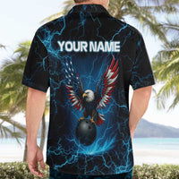 Lightning Bowling Hawaiian Shirt Electric Blue Ball and American Eagle Graphic on Stormy Black Background - Wonder Print Shop