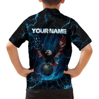 Lightning Bowling Hawaiian Shirt Electric Blue Ball and American Eagle Graphic on Stormy Black Background - Wonder Print Shop