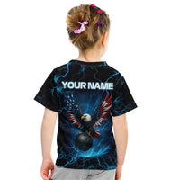 Lightning Bowling Kid T Shirt Electric Blue Ball and American Eagle Graphic on Stormy Black Background - Wonder Print Shop