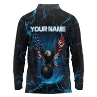 Lightning Bowling Long Sleeve Polo Shirt Electric Blue Ball and American Eagle Graphic on Stormy Black Background - Wonder Print Shop