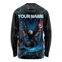 Lightning Bowling Long Sleeve Shirt Electric Blue Ball and American Eagle Graphic on Stormy Black Background - Wonder Print Shop