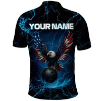 Lightning Bowling Polo Shirt Electric Blue Ball and American Eagle Graphic on Stormy Black Background - Wonder Print Shop