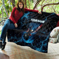 Lightning Bowling Quilt Electric Blue Ball and American Eagle Graphic on Stormy Black Background - Wonder Print Shop