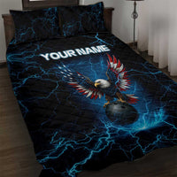 Lightning Bowling Quilt Bed Set Electric Blue Ball and American Eagle Graphic on Stormy Black Background - Wonder Print Shop