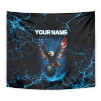 Lightning Bowling Tapestry Electric Blue Ball and American Eagle Graphic on Stormy Black Background - Wonder Print Shop