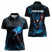 Lightning Bowling Women Polo Shirt Electric Blue Ball and American Eagle Graphic on Stormy Black Background - Wonder Print Shop