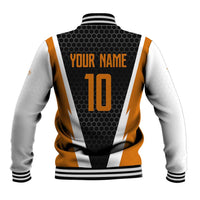 Bass Fishing Baseball Jacket Jumping Largemouth Fish on Black Hex Pattern and Orange White Lightning Accents - Wonder Print Shop
