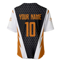 Bass Fishing Baseball Jersey Jumping Largemouth Fish on Black Hex Pattern and Orange White Lightning Accents - Wonder Print Shop