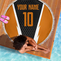 Bass Fishing Beach Blanket Jumping Largemouth Fish on Black Hex Pattern and Orange White Lightning Accents - Wonder Print Shop