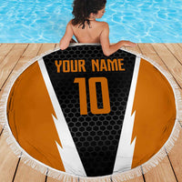 Bass Fishing Beach Blanket Jumping Largemouth Fish on Black Hex Pattern and Orange White Lightning Accents - Wonder Print Shop