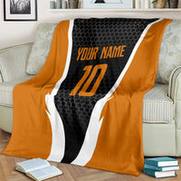 Bass Fishing Blanket Jumping Largemouth Fish on Black Hex Pattern and Orange White Lightning Accents - Wonder Print Shop
